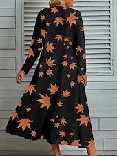economico Abiti Floreali Stampati-abito lungo da donna con stampa a foglie e scollo a V, manica lunga, primavera autunno