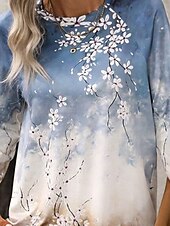 economico T-shirt floreale-maglietta da donna casual stampa manica lunga maglie lunghe girocollo quotidiano blu autunno inverno