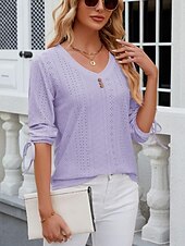 billige Blonder topper-Kvinne Hvit Elegant Blonde Topper Øyelet Bluse Stilig Moderne Ensfarget Knapper Øyelet 3/4 Lengde Ermer V-Utforming Daglig Romantisk Petit Topper Sommerferie Antrekk Hvit Rosa Lilla Grønn Sommer Vår