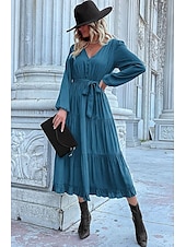 abordables Robes de travail-Robe unie Femme Robe Maxi Lacet Ruché Plein Air Rendez-vous Décontractées Col V manche longue Ample Bleu Orange Vert S M L XL