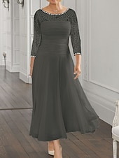 voordelige Vloerlengte-Strand Bruiloft A-Lijn Moeder van de Bruid Jurk Bruiloft Gast Elegante Juweel Hals Enkel Lengte Chiffon Kant 3/4 Lange Mouw met Pailletten Ruching 2025 gratis op maat gemaakt