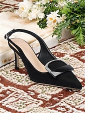 olcso Stiletto sarkú cipők-női fekete hegyes orrú slingback sarkú cipő dekoratív csattal - elegáns magassarkú pumpák irodai és esti rendezvényekre