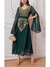 preiswerte abendkleider-Damen Patchwork Vintage-Kleid kleid lang Glatt Rundhalsausschnitt Langarm Frühling Herbst Grün