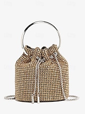cheap Clutches &amp; Evening Bags-Women&#039;s Sparkling Silver Rhinestone Bucket Bag with Metal Ring Handle | Glamorous Accessory for Evening Parties and Special Occasions