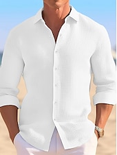 cheap Men&#039;s Button Up Shirts-Men&#039;s Shirt Waffle Shirt Summer Shirt Casual Shirt Button Up Shirt Untucked Shirts Black White khaki Light Blue Long Sleeve Plain Lapel Vacation Daily Clothing Apparel Cotton Fashion Casual