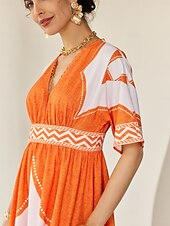 economico abito casual stampato-abito lungo da vacanza in stile bohémien con stampa geometrica e scollo a V