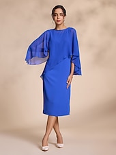 abordables Bodas y eventos-Vestido de gasa azul casual de 2 piezas con mangas redondas y corte midi para madre de la novia, vestido para impresionar 2024