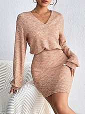 cheap Jumper Dresses-Women&#039;s Plain Dress Mini Dress Lace Backless Casual V Neck Long Sleeve Light Brown Color