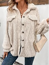 billiga Sherpa-jackor-Dam Fleece-jacka Teddyrock Håller värmen Andningsfunktion Knappar Ficka Ledigt Slät Semester Gata Dagliga kläder Utekväll Enkelknäppt Normal Nedvikt Normal Långärmad Ytterkläder Aprikos Höst Vinter