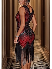 baratos Vestidos de lantejoulas-Mulheres Vestido midi Vestido de lantejoulas Vestido antigo Vestido elegante Elegante Retro Boho Diário Festa de Noite Feriado Normal Geométrica Sem Manga Decote V Vermelho Verão Primavera