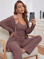 billige Nattøy for damer-kvinners loungewear sett 3 stykker ren farge tilfeldig komfort hjemme komfort stropper stropp topp bukselomme høst vinter hjemmeantrekk