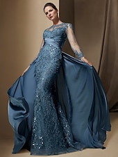 economico BLU-Abito da festa sirena Madre della Sposa Abito Ospite di matrimonio Elegante Collo gioiello Treno a strascico  spazzola Stretch raso Manica lunga con pizzo paillettes arricciato per impressionare 2025