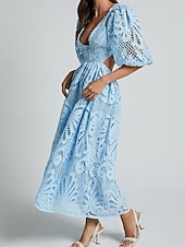 abordables Robes en dentelle blanche-Femmes Mini Robe Robe Blanche Robe trapèze Robe bohème Élégant Manches bouffantes robe demoiselle d honneur Date Coupe régulière Couleur Unie Uni Demi Manches Col en V Noir Blanche Jaune Bleu Été
