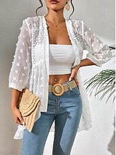 cheap Furs &amp; Leathers-Women&#039;s Shirt Elegant Ladies Solid Color Eyelet Asymmetric Hem Long Sleeve V Neck Daily Black White Spring Fall Winter