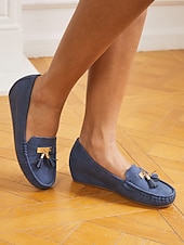 billiga Lätta damskor-dam loafers i blå mocka med tofsar – bekväma slip-on mockasiner för vardagligt och vardagsbruk