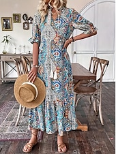 levne Boho šaty-Dámské Maxi šaty Volnočasové šaty Boho šaty stylové Na běžné nošení Denní Volný Grafika Dlouhý rukáv Do V Vodní modrá Jaro Podzim