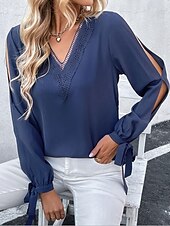 olcso Csipkés felsők-Női elegáns csipkés blúz szemcsepedő stílusos modern csipkés üreges kivágású hosszú ujjú normál felsők V nyakú munka napi romantikus kis méretű felsők nyári nyaralási viselet kék félhivatalos blúzok