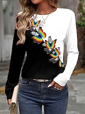 baratos Camiseta de Animais-camiseta feminina casual estampa manga longa regular tops gola redonda diário preto primavera outono