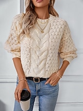 economico Pullover e top-Per donna Felpa Moda Tinta unica Grosso Girocollo Intrecciato Manica lunga Maglie lunghe Maglia Ufficio Bianco Beige Autunno Inverno