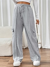 billiga breda ben och hög midja-Dam Joggingbyxor Kinesiska Mode Streetwear Fullängd Hög midja Slät Ficka Elastiskt midjeband Bekväm Mjuk Microelastisk Utomhus Gata Grå Höst Vinter Normal