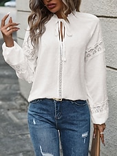 economico Top in Pizzo-Top in pizzo elegante bianco da donna blusa all&#039;uncinetto casual colore solido con lacci frontali maniche lunghe top regolari scollo a V abbigliamento quotidiano romantico top petite estivi per