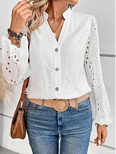 economico Top in Pizzo-camicetta da donna in cotone elegante moderna tinta unita ricamata traforata manica a lanterna manica lunga top normali scollo a V quotidiano bianco primavera autunno inverno