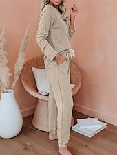billiga Sovkläder till damer-pyjamasset för kvinnor ren färg mode grundläggande komfort hem daglig säng andas rund hals långärmad byxficka resår midja höst vinter hem outfits
