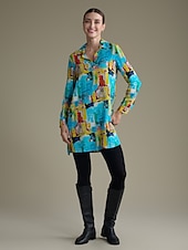 baratos vestido casual estampado-vestido mini camisa rayon graffiti com punho e lapela