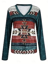 levne Boho tričko-dámské tričko vintage etnický potisk s dlouhým rukávem běžné topy v krku dovolená denně modrá jaro podzim