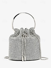 cheap Clutches &amp; Evening Bags-Women&#039;s Sparkling Silver Rhinestone Bucket Bag with Metal Ring Handle | Glamorous Accessory for Evening Parties and Special Occasions