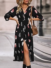 cheap Casual Dress-Women&#039;s Feather Print V Neck Midi Dress 3/4 Length Sleeve Spring Fall