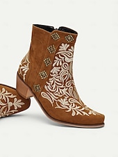 tanie Kowboj i zachodnie buty-damskie brązowe haftowane botki w stylu western z ćwiekami - idealne na nieformalne wyjścia i imprezy rodeo
