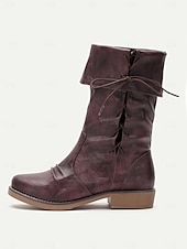 preiswerte Kampfstiefel-Burgunderrote, wandelbare Stiefel mit halbhoher Schafthöhe für Damen mit umklappbarem Schaft und Schnürdetail – vielseitiges Schuhwerk im Vintage-Stil für lässige und herbstliche Outfits