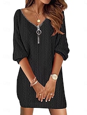 cheap Jumper Dresses-Women&#039;s Plain Dress Mini Dress Zipper Vintage Casual V Neck Long Sleeve Black White Pink Color