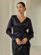 economico Bluse e camicie-camicetta elegante nera con scollo a V e maniche a lanterna in raso per festa formale