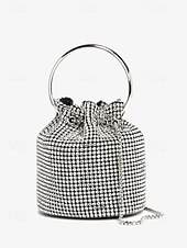 cheap Clutches &amp; Evening Bags-Women&#039;s Sparkling Silver Rhinestone Bucket Bag with Metal Ring Handle | Glamorous Accessory for Evening Parties and Special Occasions
