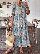 levne Boho šaty-Dámské Maxi šaty Volnočasové šaty Boho šaty stylové Na běžné nošení Denní Volný Grafika Dlouhý rukáv Do V Vodní modrá Jaro Podzim