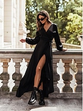 voordelige Vrouwen zwarte jurk-Dames Zwarte jurk Maxi-jurk Veters Gespleten dij Casual V-hals Lange mouw Zwart Wit Blozend Roze Kleur