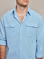 preiswerte Herren Elite Hemden-Herren Hemd Hemd aus Baumwollleinen Sommerhemd Strandbekleidung Lässiges Hemd Knopfhemd Glatt Casual Täglich Blau Langarm Kargen Frühling Sommer Bekleidung Tasche