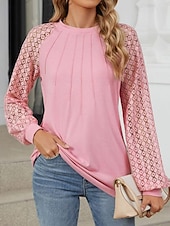 cheap Lace Tops-Women&#039;s White Elegant Lace Tops Eyelet Blouse Fashion Casual Lace Mesh Long Sleeve Regular Tops Crew Neck Daily Romantic Petite Tops Summer Holiday Wear Black White Pink Blue Summer Spring Fall