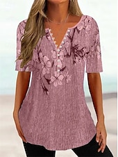 cheap Floral tee-Women&#039;s T Shirt Henley Shirt Floral Vintage Tunic Short Sleeve V Neck Regular Tops Casual Daily Print Red Green Gray