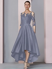 ieftine Lungimea ceaiului-Rochie A-Line pentru mama miresei Rochie elegantă pentru invitați în stil înalt și jos gât rotund asimetrică lungime ceai din satin dantelă mânecă 3/4 cu pliseuri broderie 2025 mărime personalizată