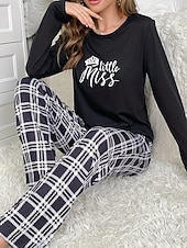 billiga Sovkläder till damer-kvinnors pyjamasset rutnät / rutig bokstav mode komfort hem daglig säng andas rund hals långärmad t-shirt t-shirt byxa resår midja höst vinter hem outfits