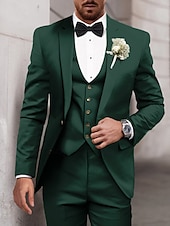 billige Bryllupsdrakter-Menn Bryllup drakter Med hakk Salvie Mørkegrønn Fest Kjoler Ensfarget Skreddersydd 3 deler sett Enkelt Brystet To-knapp