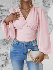 billige Dressy topper-Dame Bluse Helfarge Stilfull Moderne Langermet Klokke V-hals Arbeid Daglig Rynket Svart Hvit Rosa Grønn Vår Høst Vinter