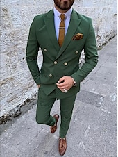baratos Fatos formais-Ternos Masculinos para Casamento Trajes de Homecoming Verde Escuro Cor Sólida Ajuste Padrão 2 Peças Com Seis Botões