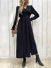 abordables Robe noire-robe noire Robe unie Femme Robe Maxi A Volants Bouton Plein Air Rendez-vous Décontractées Col V manche longue Ample Noir S M L XL