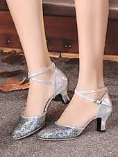tanie Buty do tańców latynoskich-damskie srebrne, brokatowe buty do tańca latynoskiego z paskiem na kostce, idealne do występów towarzyskich