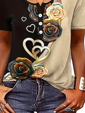 お買い得  フローラルTシャツ-レディース T シャツ カジュアル オンブレ 花柄 ボタン 半袖 レギュラー トップス U ネック デイリー ローズゴールド カーキ 夏