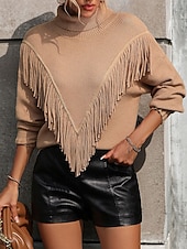 Women's Sweater Pullover Sweater Jumper Casual Sweater Casual Soft Solid Color Ribbed V Neck Tassel Knitted Long Sleeve Regular Tops Knit Outdoor Daily Weekend Blue Khaki Fall Winter 10